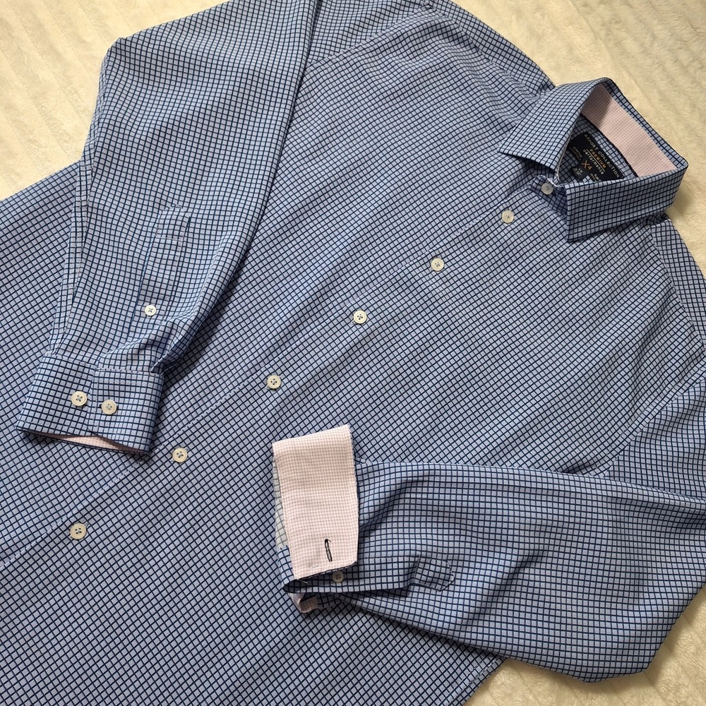 Report Collection Shirt Mens L Blue Plaid Performance X4 Stretch Slim Fit